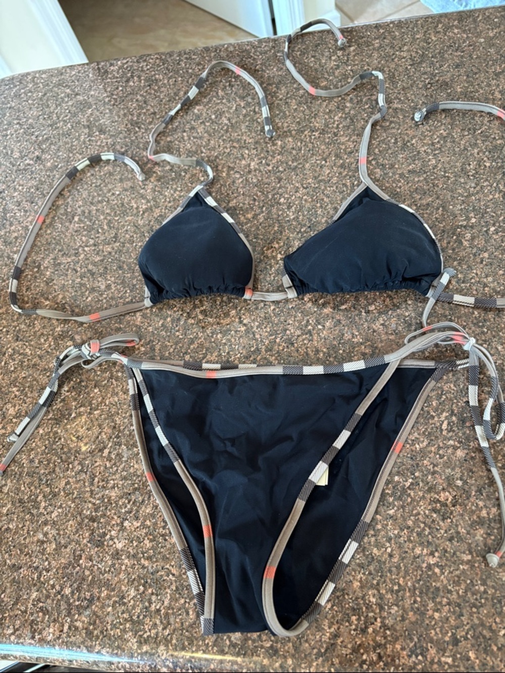 Burberry Ladies Black Triangle Signature Nova Check Trim String Iconic Bikini-M